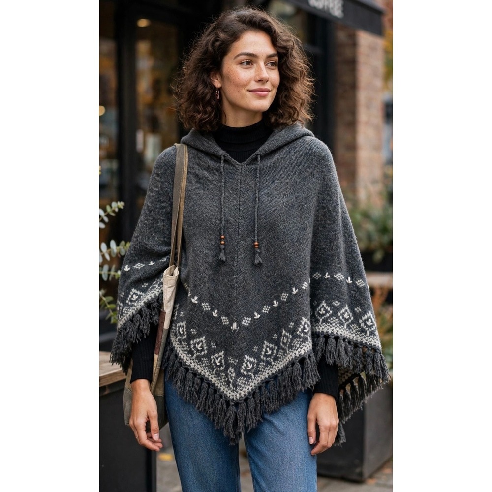 American Eagle Shetland Wool Hooded Poncho Sweater Gray Fair Isle Fringe M/L